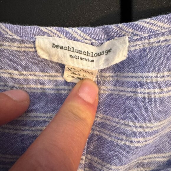 beach lunch lounge Blue Striped Linen-Blend Oversized Knotted Blouse, Size XL - Picture 3 of 6
